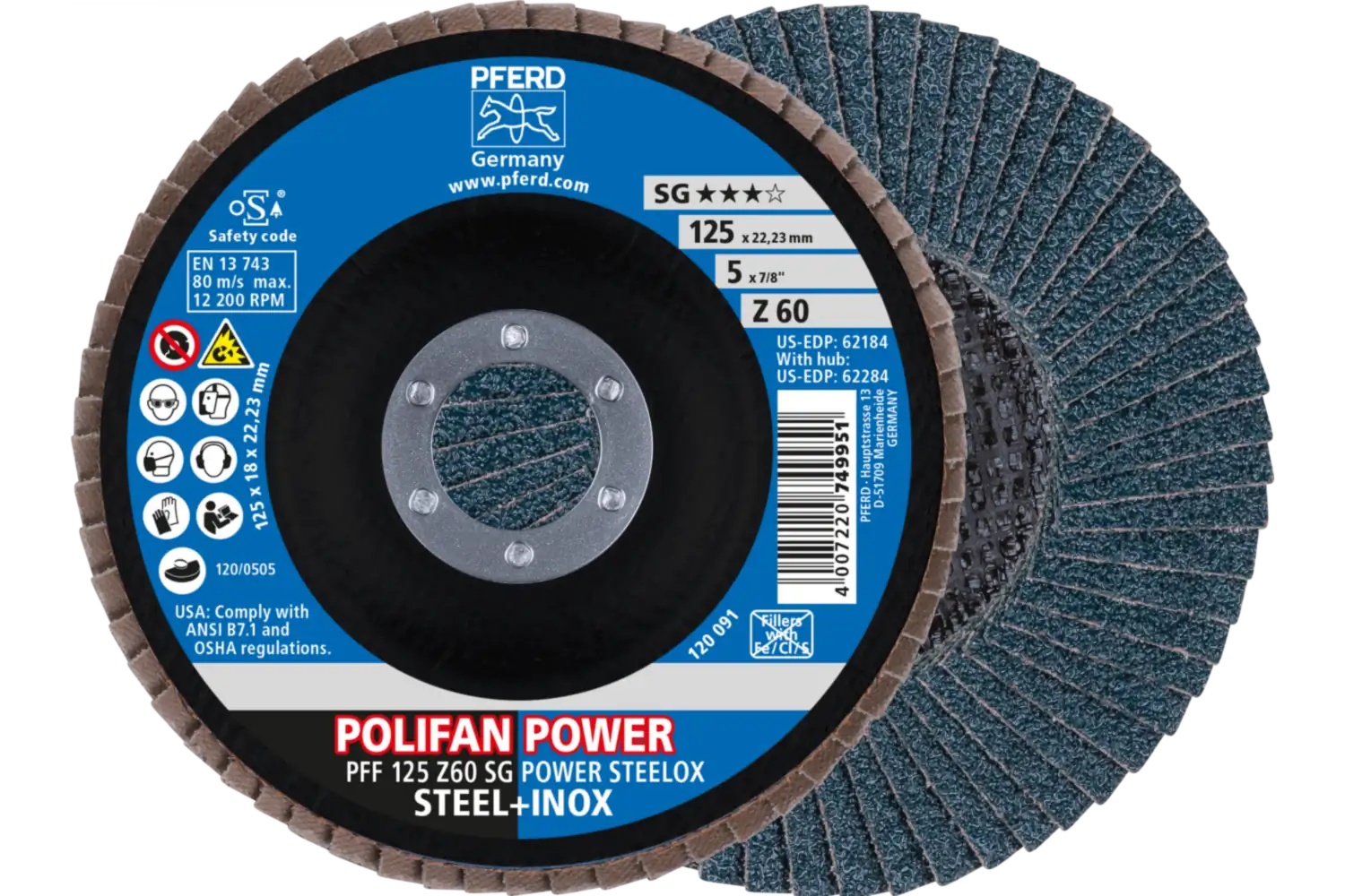 Picture of Pferd Flap Disc, 5" x 7/8, Z SG Power Steelox, 60 Grit, T27, Flat, Zirconia